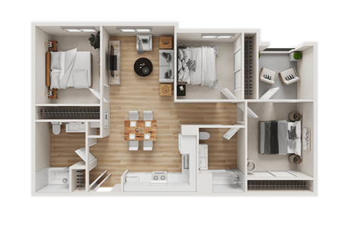 Floor plan for 3 beds, 2 baths, 1027 sqft